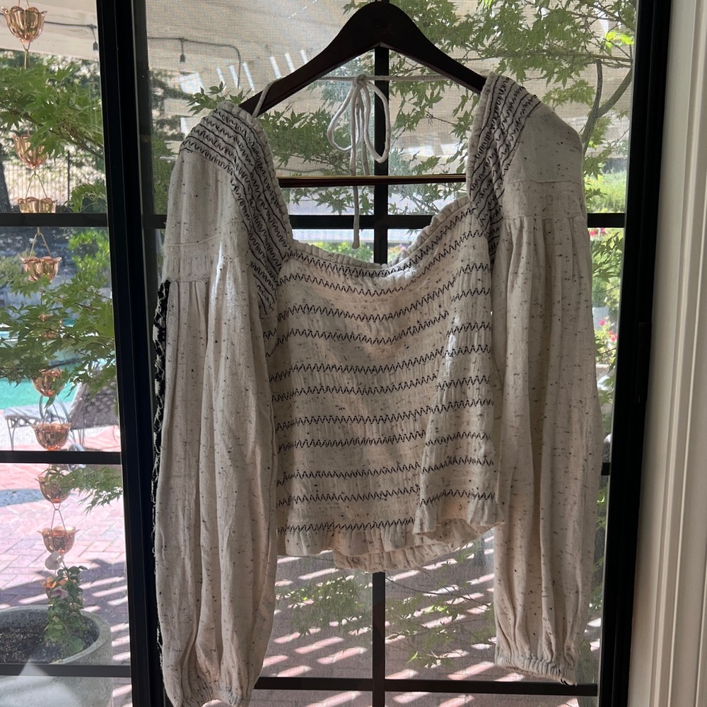Free People Cream and Black Off-the-Shoulder Sweater